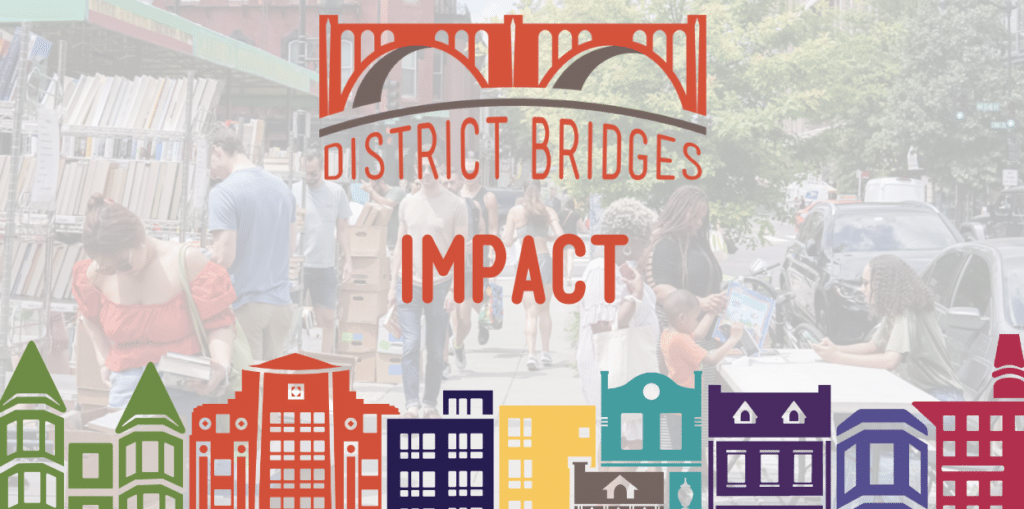 White washed photo of people walking down 14th street in Washington DC with drawings of buildings along the bottom of the image, with the District Bridges logo at the top and the word "IMPACT" in the center.